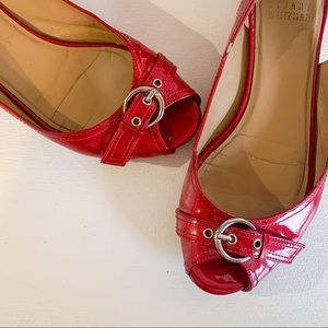 Stuart Weitzman Red Patent Leather Peep Toe Flats